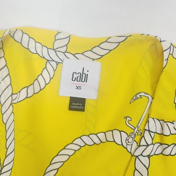 Cabi Reef Knot Blouse XS Yellow Anchor Print Nautical V-Neck Long Sleeve Popover - Picture 3 of 6